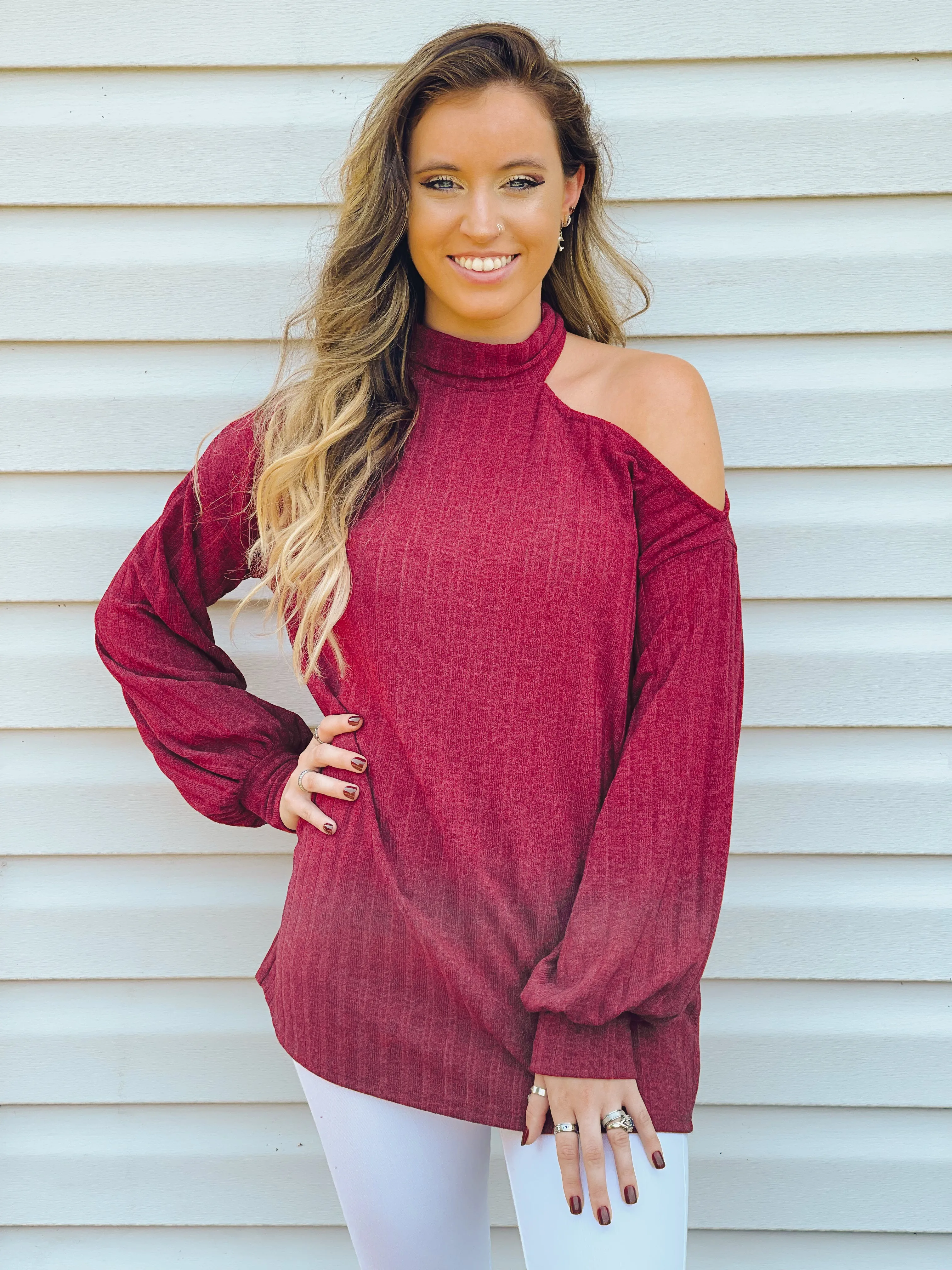 Candy Apple Open One-Shoulder Turtleneck