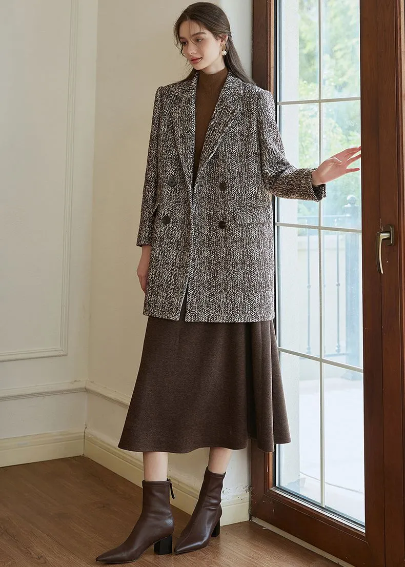 Double Breasted Wool Blend Tweed Pea Coat