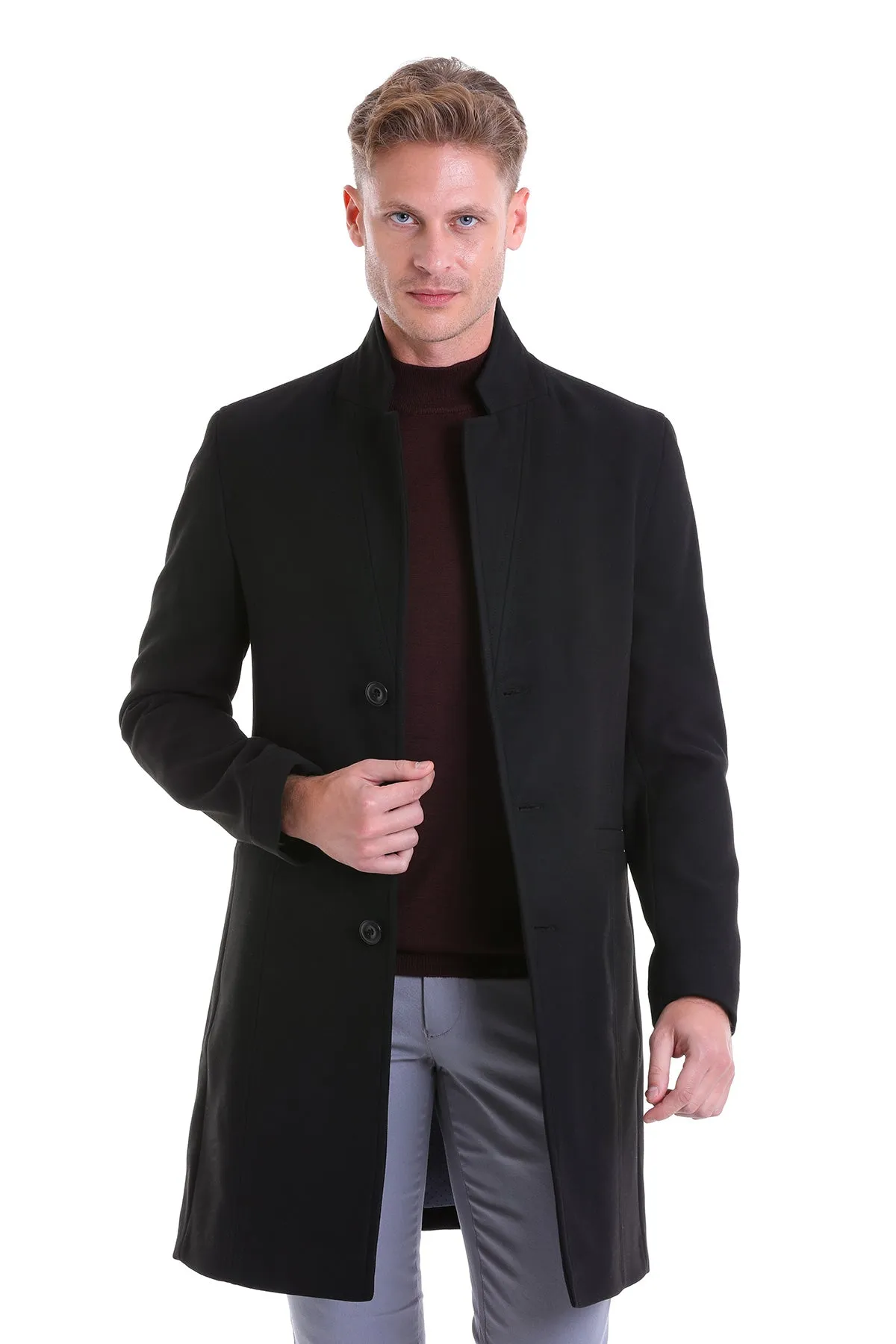 Regular Fit Cachet Notch Lapel Black Overcoat