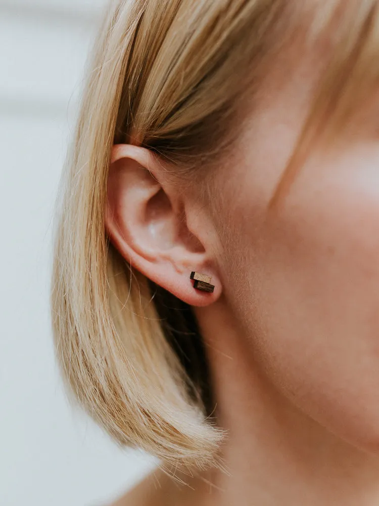 Tiny Double Rectangle Wood Stud Earrings